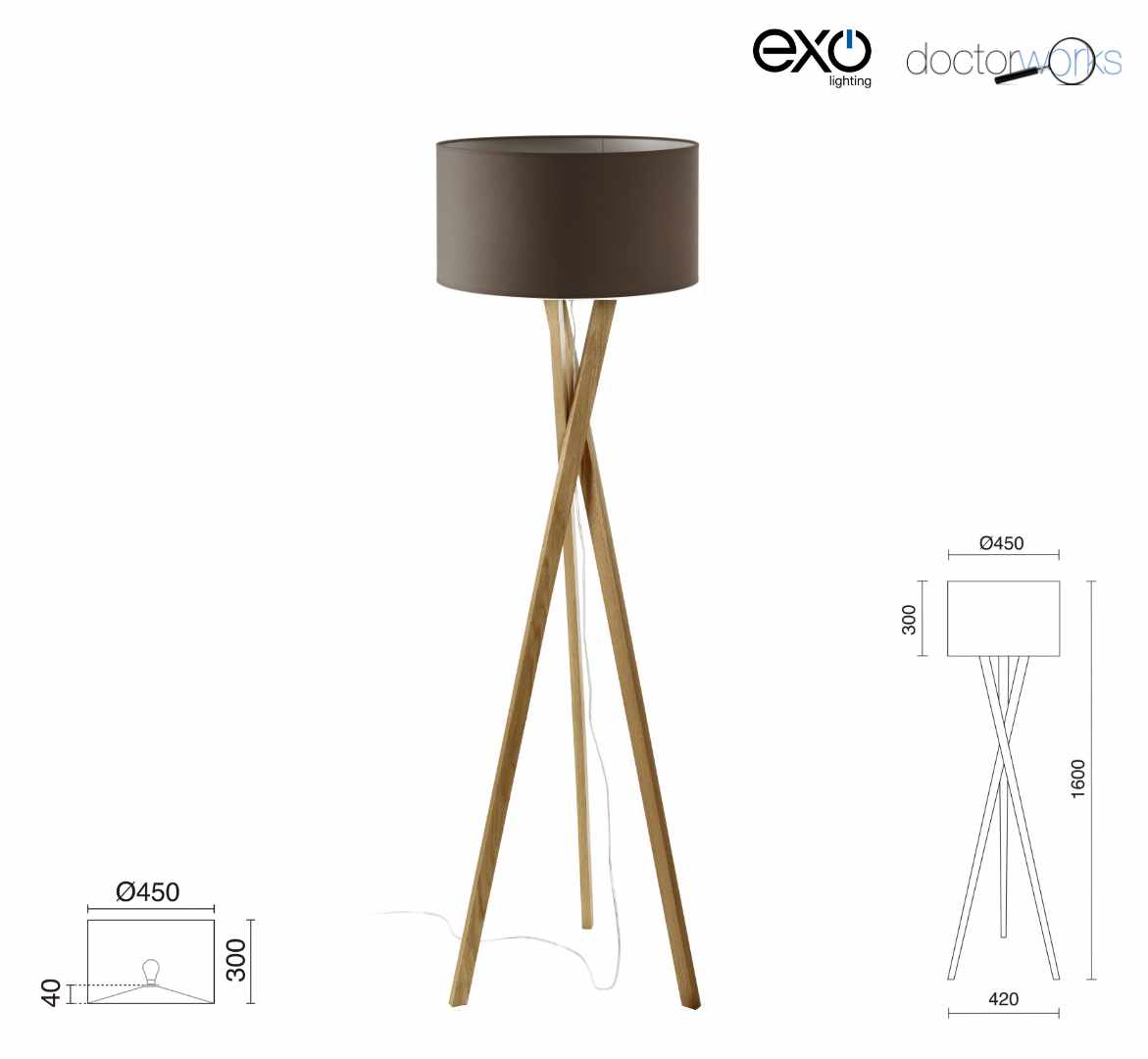 Pie de salón WOOD E27 42W Madera haya con pantalla Amsterdam tierra 450 mm